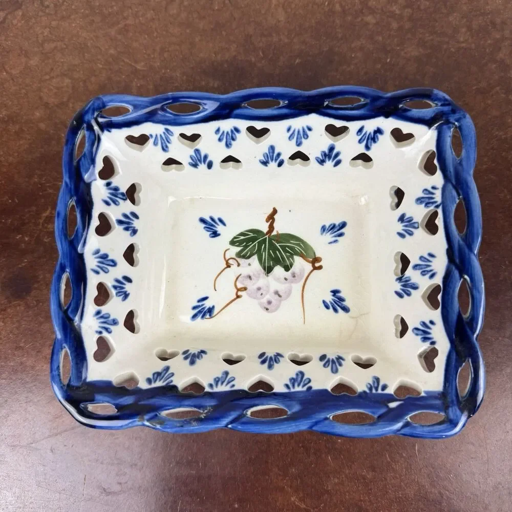 Ceramic Catch All with Grapes and Hearts Blue & White Floral Glossy Decorative